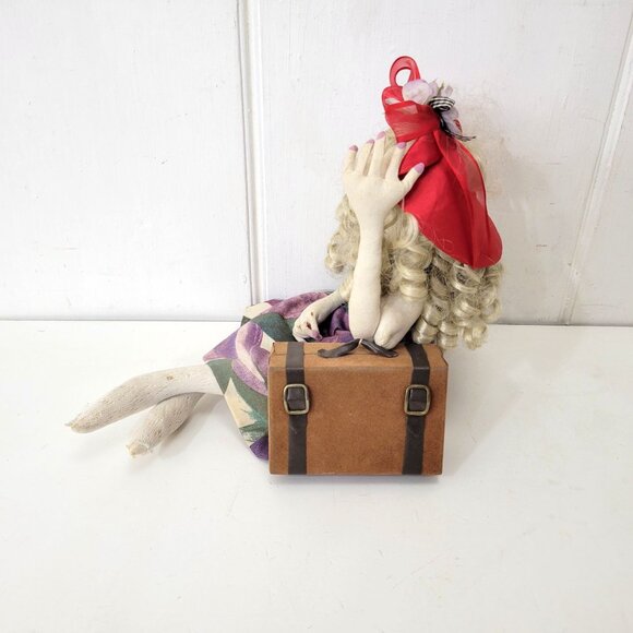 Handmade Fabric Artist Doll With Curly Hair & Red Hat Holding Suitcase - Picture 4 of 8